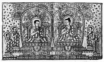 Stampa del British Museum datata 1301 rappresentante Sakyamuni con un monaco tibetano.
