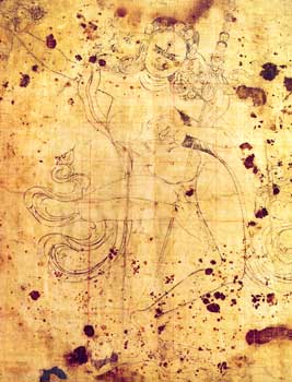 Vajravarahi. Pagina disegnata su tela proveniente da un libro di iconometria tibetana in cui sono tracciate in rosso le linee essenziali per la costruzione dell'immagine da rappresentare