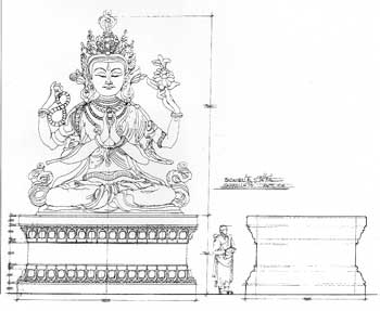 Disegno del basamento della statua del bodhisattva Cenresig costruita per la Sala del Trono per il set del film 'Kundun'